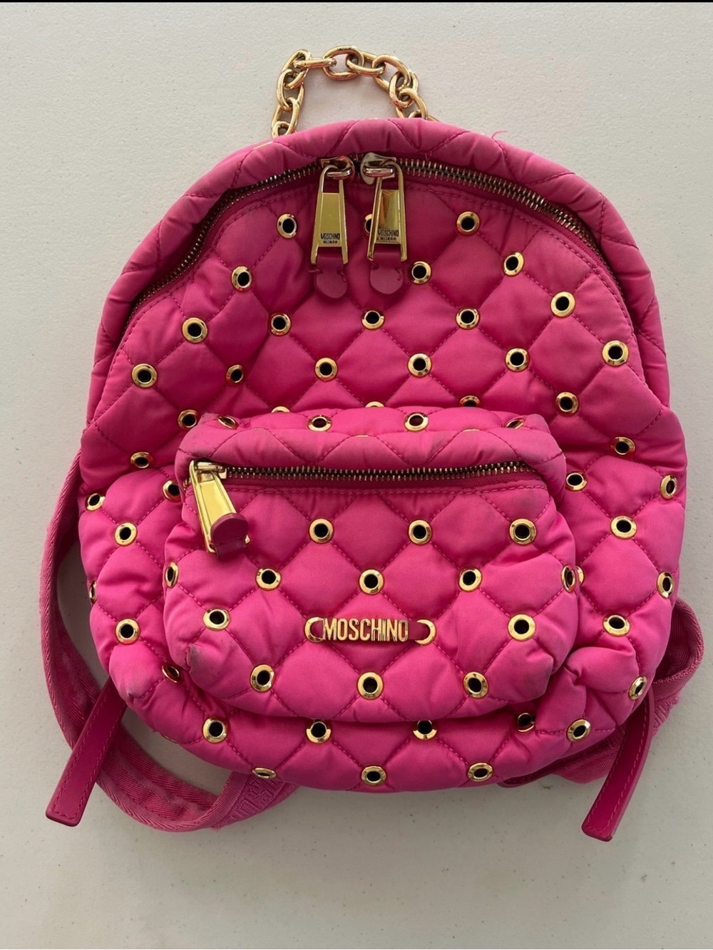 Moschino Hot Pink Quilted Eyelet Backpack with Gold Hardware